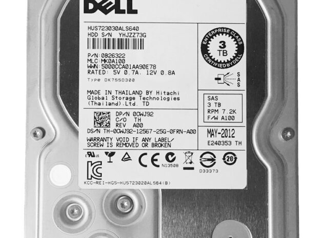 DELL used SAS HDD CWJ92, 3TB, 7.2K, 3.5", 6G, με tray