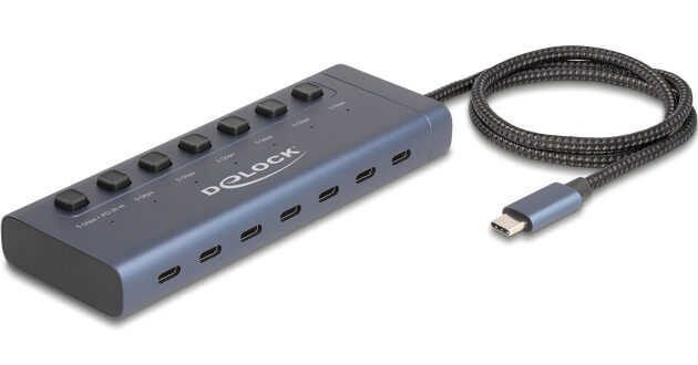 DELOCK USB-C hub 63410 με διακόπτες, 7x θυρών, 5Gbps, 20W, USB-C σύνδεση, μπλε