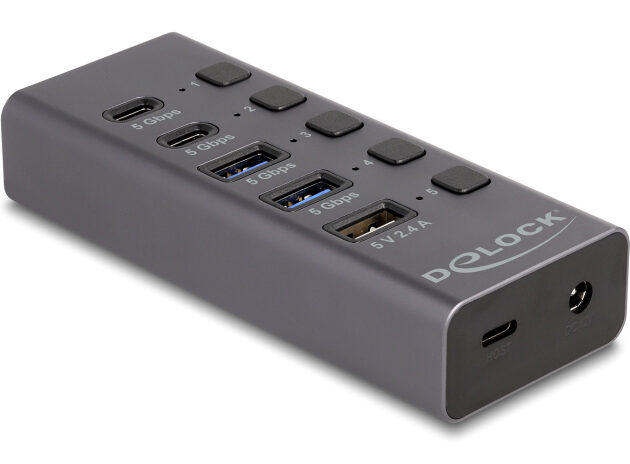 DELOCK USB hub 64248 με διακόπτες, 5x θυρών, 5Gbps, USB/USB-C σύνδεση, γκρι