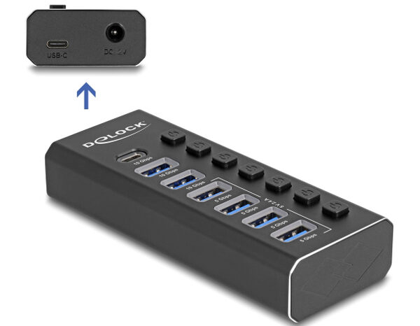 DELOCK USB hub 64326 με διακόπτες, 7x θυρών, 10Gbps, USB/USB-C σύνδεση, μαύρο