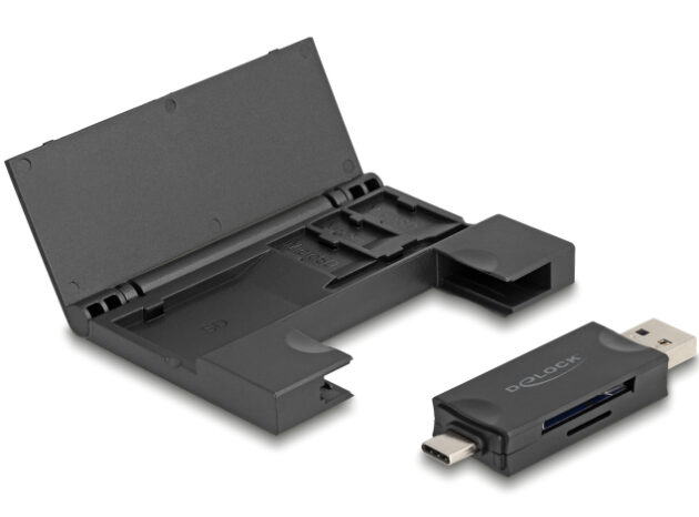 DELOCK card reader 91014 για SD & micro SD, με θήκη, USB/USB-C, 5Gbps, μαύρο