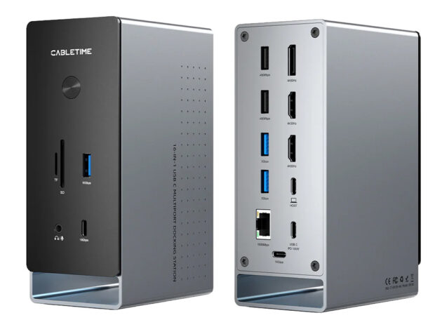CABLETIME docking station CT-DK181-AG, 16 θυρών, USB-C σύνδεση, 100W PD, 1000Mbps, MST, γκρι