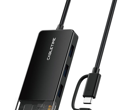 CABLETIME USB hub CT-HUBT5-PB, 4x θυρών, 10Gbps, USB/USB-C σύνδεση, μαύρο