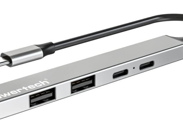 POWERTECH USB hub PT-1414, 5x θυρών, USB 3.2, 5Gbps, 100W, USB-C σύνδεση, γκρι