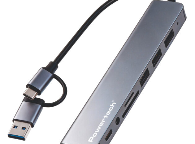 POWERTECH USB hub PTR-0205 με card reader, 8 θυρών, USB & USB-C σύνδεση, γκρι