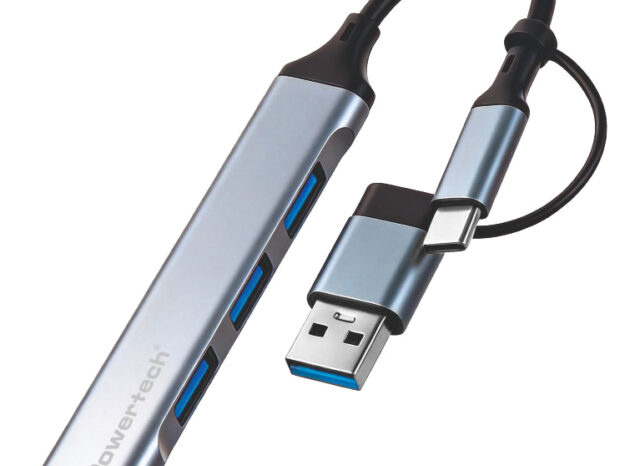 POWERTECH USB hub PTR-0206, 4x θυρών, USB 3.0, 5Gbps, USB & USB-C σύνδεση, γκρι