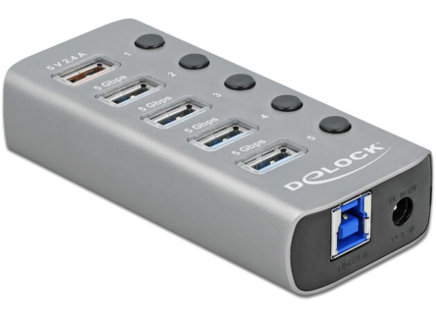 DELOCK USB hub 63262 με διακόπτες, 5x θυρών, 5Gbps, 2.4A, γκρι