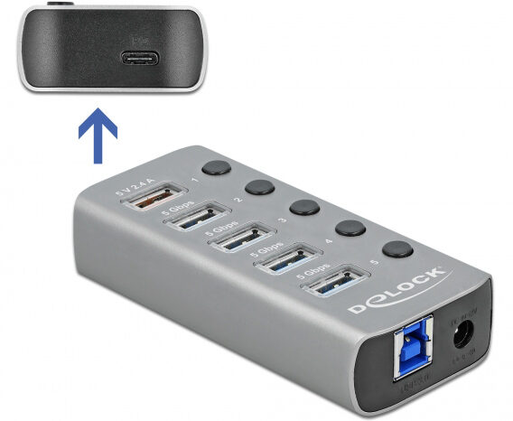 DELOCK USB hub 63263 με διακόπτες, 6x θυρών, 5Gbps, 12V/2.25A PD, γκρι
