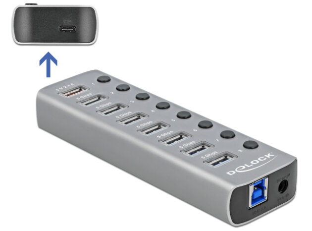 DELOCK USB hub 63264 με διακόπτες, 9x θυρών, 5Gbps, 12V/2.25A PD, γκρι