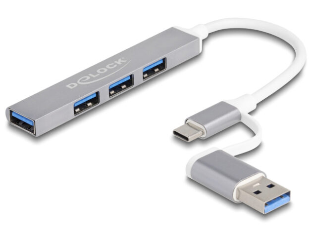 DELOCK USB hub 64214, 4x θυρών, 5Gbps, USB & USB-C σύνδεση, γκρι