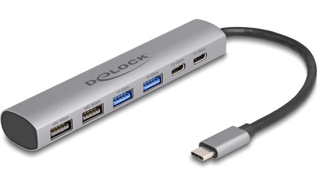 DELOCK USB hub 64232, 6x θυρών, 10Gbps, USB-C σύνδεση, γκρι
