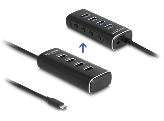 DELOCK USB hub 64233 με διακόπτες, 4 θυρών, 10Gbps, USB-C σύνδεση, μαύρο