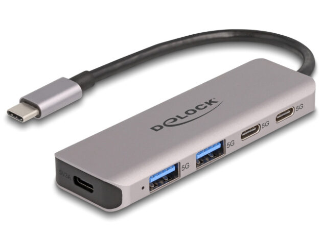 DELOCK USB hub 64239, 4x θυρών, 5Gbps, USB-C σύνδεση, γκρι