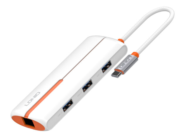 LDNIO USB hub DS-26U με θύρα δικτύου, 6 θυρών, USB-C σύνδεση, 100W PD, λευκό