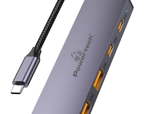 POWERTECH USB hub CAB-UC082, 4x θυρών, 10Gbps, USB-C σύνδεση, γκρι