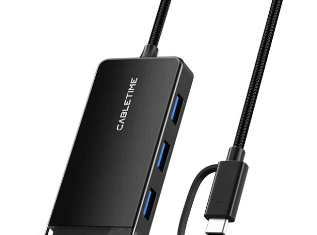 CABLETIME USB hub CT-HUBT3-PB, 4x θυρών, 5Gbps, USB/USB-C σύνδεση, μαύρο