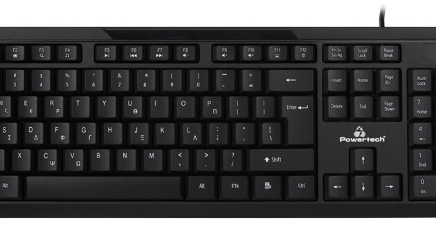 POWERTECH πληκτρολόγιο PT-1069, ενσύρματο, multimedia, EN/GR, μαύρο