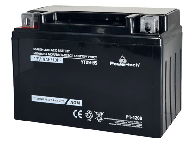 POWERTECH μπαταρία μολύβδου μοτοσυκλέτας PT-1206, 12V 9Ah, AGM, YTX9-BS