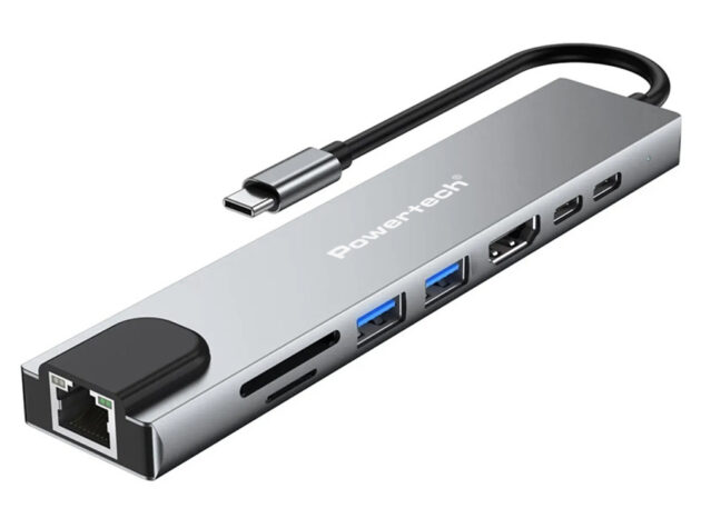 POWERTECH docking station PT-1536, 8 θυρών, USB-C σύνδεση, 87W PD, 100Mbps, γκρι