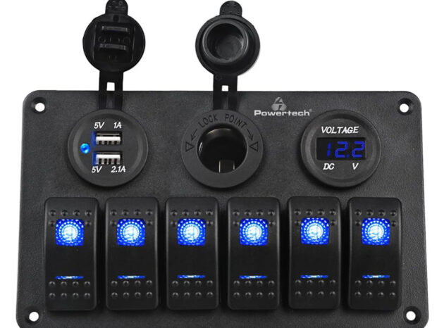 POWERTECH πάνελ σκαφών & οχημάτων PTL-020, πρίζα 12V/2x USB/6x διακόπτες