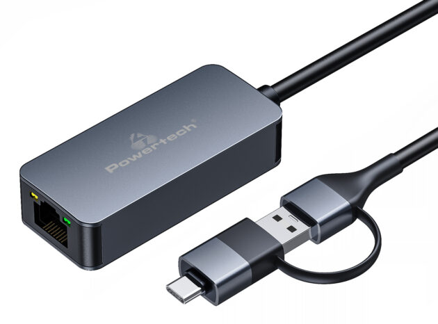 POWERTECH αντάπτορας δικτύου PTR-0149, USB & USB-C, 1000 Mbps, γκρι