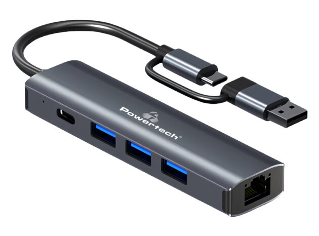 POWERTECH USB hub PTR-0150 με θύρα δικτύου, 4 θυρών, USB & USB-C, γκρι