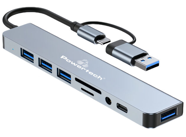POWERTECH USB hub PTR-0151 με card reader, 8 θυρών, USB & USB-C, γκρι